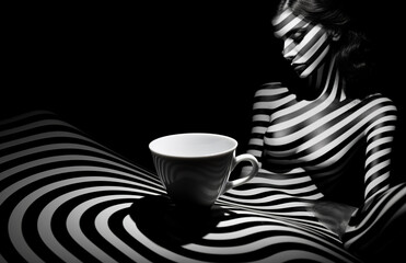 Wall Mural - black and white studio shot of woman lying and drinking coffee, stylish striped dark shot with shadows, female drink espresso