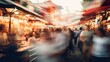 © goami - crowd of people on street food festival in summer park on sunset or at night, in style of blurred motion with bokeh