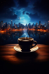 Wall Mural - cup of hot espresso coffee or tea on table on illuminated city skyline background with skyscrapers, mug with drink at urban night view on terrace