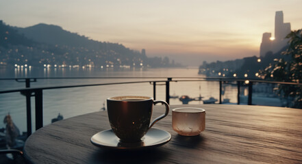 Wall Mural - cup of hot espresso coffee or tea on table on light city skyline background with skyscrapers, mug with drink at urban sunset on terrace