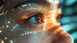 Close up of female eyes with futuristic concept with reflection of data visualization hologram