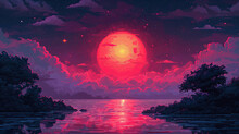 A Sunset On A Retro Background, 1980's Style Pixel Art Scene