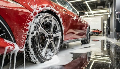 Sport red car in washing service with soap foam