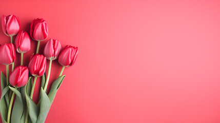 Wall Mural - beautiful bunch of light red tulips flowers on decent pastel red background - the background offers lots of space for text	