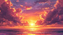 Sunset Over The Ocean, With Hues Of Orange And Pink Blending In The Sky, Manga Style Generative Ai