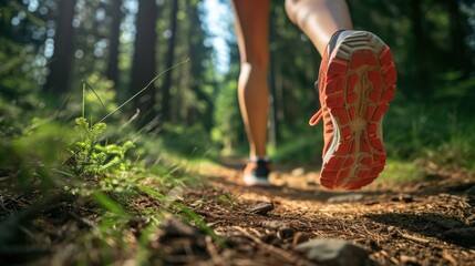 shoes hitting the trail in a dense forest, surrounded by towering trees and the serenity of nature generative ai