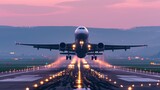 Fototapeta  - Airplane taking off a runway at twilight