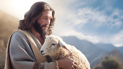 Canvas Print - Jesus recovered lost sheep carrying it in his arms. Biblical story conceptual theme. religion, faith concept
