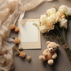 Wall Mural - Layout, template greeting card for wedding, wash, birthday, teddy bear with flowers and paper