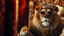 King Lion With Crown And Sunglasses Sitting On A Throne, Closeup. AI Generative