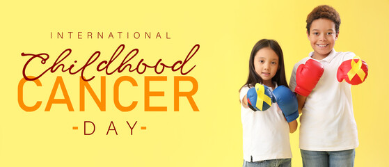 Poster - Little children in boxing gloves and with awareness ribbons on yellow background. Banner for International Childhood Cancer Day