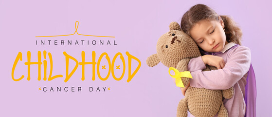 Wall Mural - Little girl with awareness ribbon and toy on lilac background. Banner for International Childhood Cancer Day