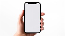 Hand With Blank Screen Holding Smartphone On White Background, Minimalist.