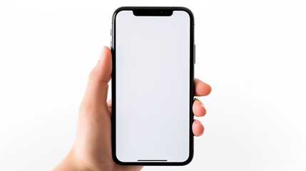 Wall Mural - hand with blank screen holding smartphone on white background, minimalist.