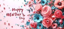 Wide Banner With Red Roses And Happy Mothers Day Text On A White Background. Suitable For Greeting Cards, Event Banners, And Floral Shops.