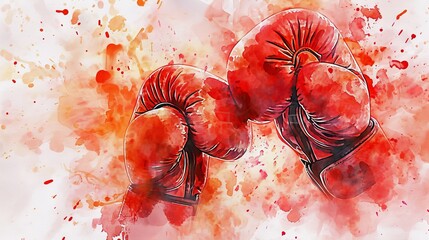 Sticker - Watercolor painting of boxing gloves with aquarelle splashes in the background. Concept of watercolor art, sports illustration, boxing equipment, and creative expression.