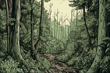 Illustration of a forest in a comic style pen drawing. Generative AI