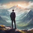 Business Man In A Suit Standing On Top Of A Mountain, Illustration