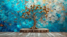 Majestic Tree In A 3D Mural On Wooden Oak With White Lattice Tiles, Turquoise, Blue, Brown Leaves, Tranquil Setting, Colorful Hexagons, Floral Background.
