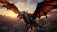 Majestic Dragon Soaring Above Enchanting Landscape - AI-Generative