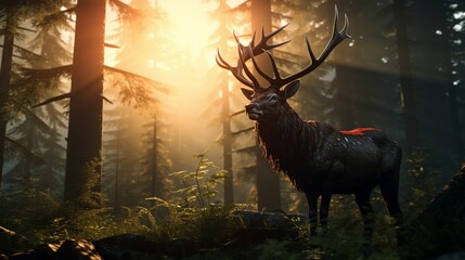 Wall Mural - Majestic Elk with Impressive Antlers Roaming Through Lush Forest Canopy - AI-Generative