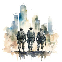 Watercolor military in a metropolis isolated on a white background 