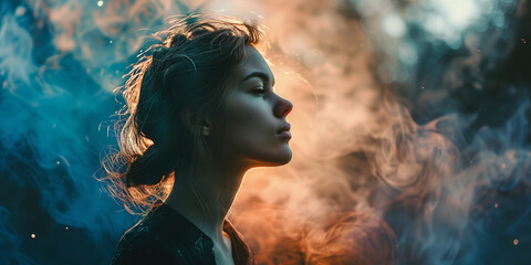 Dreamlike silhouette of a lady, her contemplative face lit by a warm glow amidst swirls of incandescent smoke