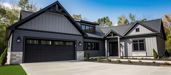 house design with gray walls and black garage, grass yard. Generated Ai