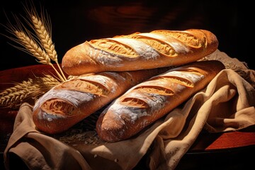 Wall Mural - Bread Tradition: Baguette, the Culinary Gem of French Cuisine, with a Crusty Golden Exterior and Delicious Flaky Interior - A Traditional and Authentic French Bakery Masterpiece.