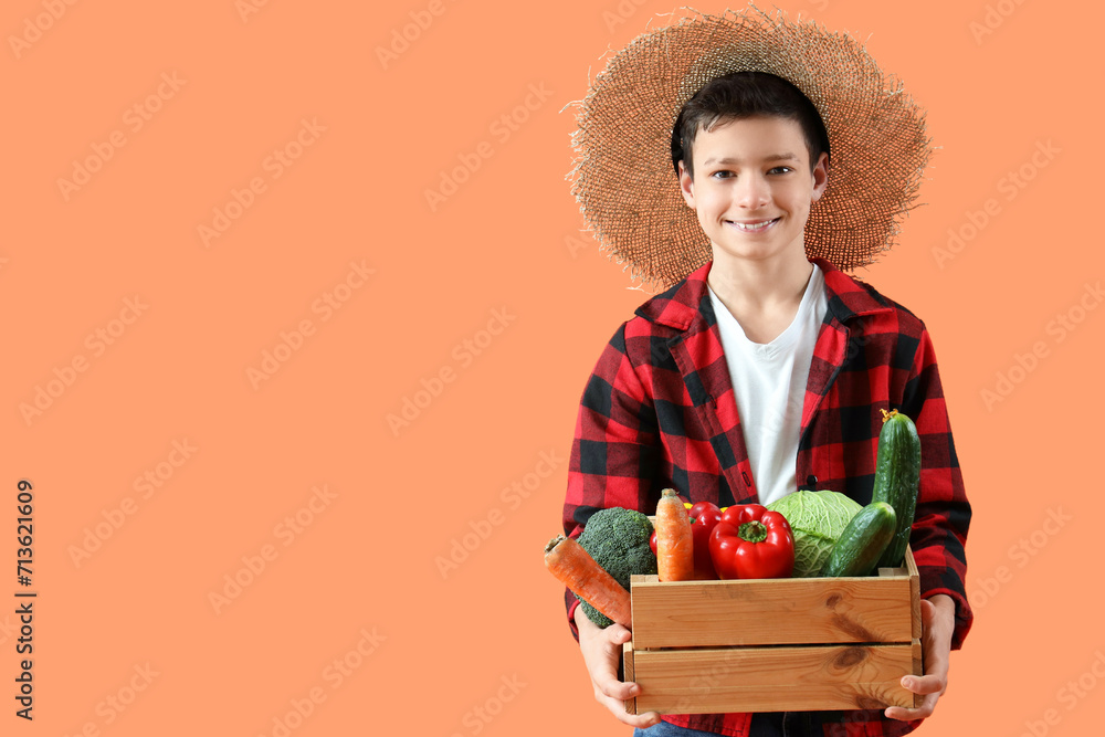 Little farmer holding wooden box with different vegetables on orange background