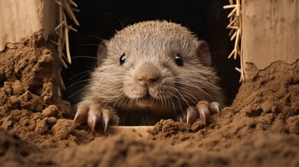 Wall Mural - Enchanting Moment: Mole Emerging from Burrow with Velvety Fur - AI-Generative