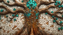 Fantasy-themed 3D Mural On Wooden Oak With White Lattice Tiles, Tree With Kaleidoscopic Leaves In Turquoise, Blue, Brown, Chamfered Gold.
