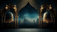 Night Ramadan Themed Background, Traditional Muslim Lanterns Gold Particles And Small Lanterns Hanging - Background On Muslim Theme - Free Space For Text 