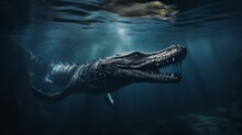 Enigmatic Subaquatic Realm Showcasing A Menacing Crocodile - AI-Generative