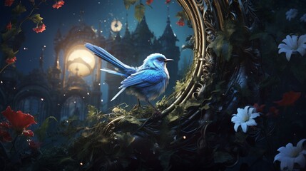 Wall Mural - Moonlit Melody: Enchanting Nightingale Serenading on a Branch - AI-Generative