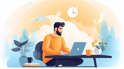 Leinwandbilder - An anime-inspired artist diligently creates digital masterpieces on his trusty laptop at a cozy table, surrounded by cartoon furniture and computer gadgets