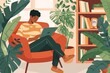 © ChaoticMind - A creative man immersed in his work, surrounded by plants and inspired by a book, paints a whimsical cartoon illustration on his laptop with the precision of a skilled artist
