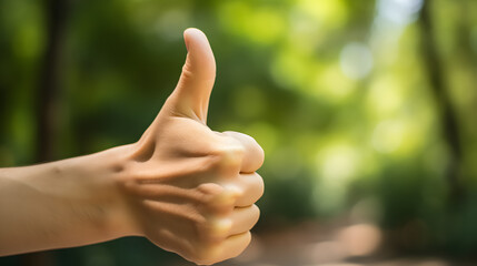 Wall Mural - A woman's hand in focus, expressing approval or giving a like with the thumbs-up gesture