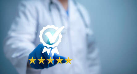 Concept of rating of medical services on the Internet concept.Button healthcare key rating on virtual panel.Customer experience medicine service. Patient and satisfaction.