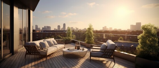 Wall Mural - Balcony With Couch, Table, and Chairs, A Perfect Spot for Relaxation and Entertainment