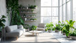 Mobiliário minimalista elegante é adornado com uma variedade de plantas verdes vibrantes e suculentas criando um oásis de beleza natural dentro do moderno apartamento urbano