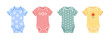 Baby bodysuit set with short sleeves in pastel colors with variety of patterns. Vector illustration of summer wardrobe for newborn boys and girls on white isolated background.