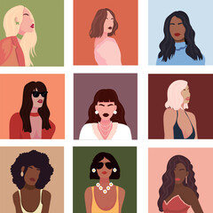 Collage of many pretty drawn women on color background