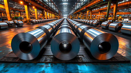 Rolls of galvanized steel sheet inside the factory  