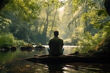 Riverside Serenity: Capture The Quiet Beauty Of A Man In Silent Contemplation By The Forest River, Embracing Nature's Meditation And Finding Tranquility In The Wilderness.
