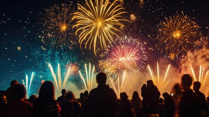 Sticker - A crowd of people is silhouetted against a dazzling display of fireworks, capturing the shared excitement and wonder of a nighttime celebration