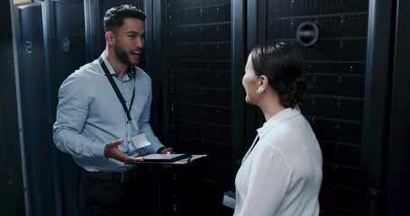 Fototapete - Business people, handshake and information technology with server room, team and intro for cybersecurity. Inspection, maintenance and system update with discussion, shaking hands and data center