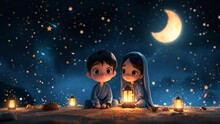 Enchanting Cartoon Of A Boy And Girl Ramadan Night With The Moon Shining Brightly. Seamless Looping Time-lapse Virtual Video Animation Background