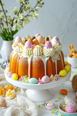 Wall Mural - Easter cake on white table decorated with chocolate eggs with flowers and eggs on the table