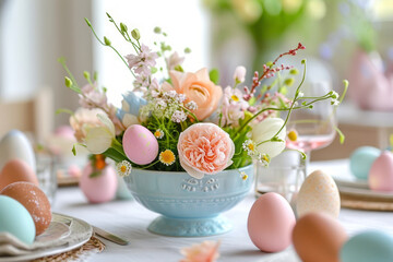 Wall Mural - Easter centerpiece on the dining room table with pastel colored flowers and colored eggs